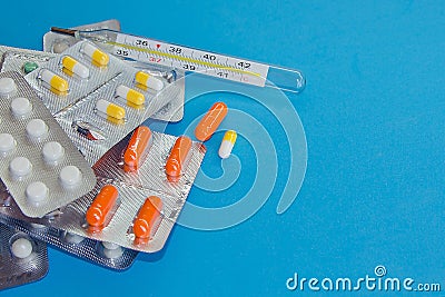 Many packs of pills. Tablets are next to the packaging Stock Photo