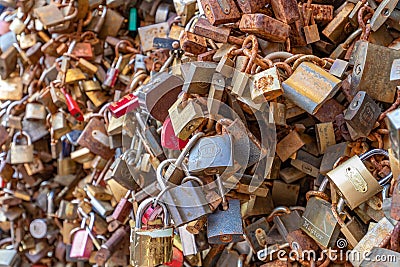 Many padlocks together on the street in a hungarian city, Pecs. 27. 08. 2018 Hungary Editorial Stock Photo