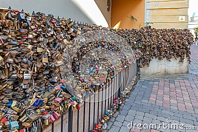 Many padlocks together on the street in a hungarian city, Pecs. 27. 08. 2018 Hungary Editorial Stock Photo