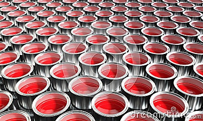 Many paint cans with red color Stock Photo