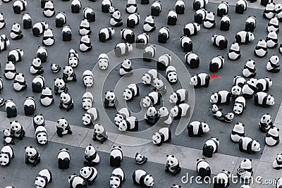 Many panda sculptures view from above that place on the floor is an art exhibition in Bangkok, Thailand Editorial Stock Photo