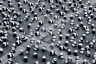 Many panda sculptures view from above that place on the floor is an art exhibition in Bangkok, Thailand Editorial Stock Photo