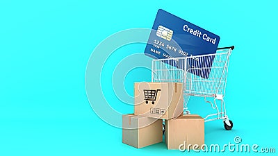 Many Paper boxes and credit card in a shopping cart with green background., shopping online or shopaholic concept, 3D rendering Stock Photo