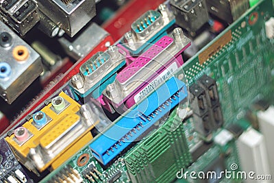 Many PC Computer motherboards. Circuit cpu chip mainboard core processor electronics devices. Old Motherboard digital chip. Stock Photo