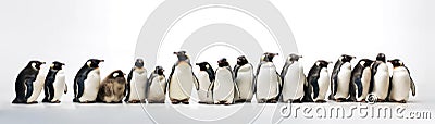 Many Penguins Sitting A Whitte Banner Background. Generative AI Stock Photo