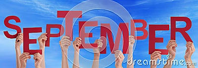 Many People Hands Hold Red Word September Blue Sky Stock Photo