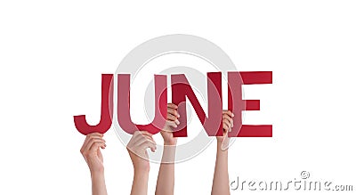 Many People Hands Holding Red Straight Word June Stock Photo