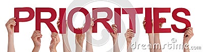 Many People Hands Holding Red Straight Word Priorities Stock Photo