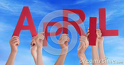 Many People Hands Holding Red Word April Blue Sky Stock Photo
