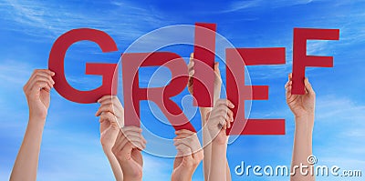 Many People Hands Holding Red Word Grief Blue Sky Stock Photo