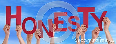 Many People Hands Holding Red Word Honesty Blue Sky Stock Photo