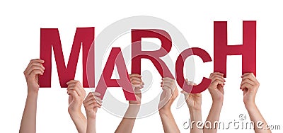 Many People Hands Holding Red Word March Blue Sky Stock Photo