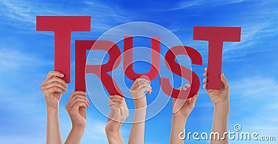 Many People Hands Holding Red Word Trust Blue Sky Stock Photo