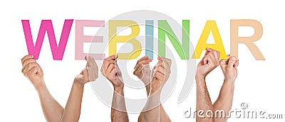 Many People Holding The Colorful Word Webinar Stock Photo