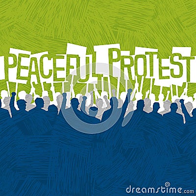 Design template. Many people with signs peacefully protesting. Space for text Vector Illustration