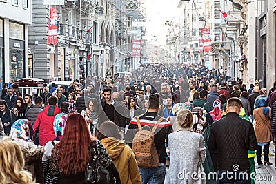 Many People walking at popular shopping and touristic street Editorial Stock Photo