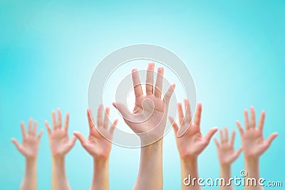 Many people women hands raising up showing vote, volunteer participation, rights equality concept Stock Photo