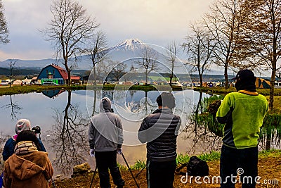 Many photographers at Fumotopara camping ground to photograph mountain Fuji Editorial Stock Photo