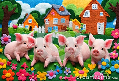 many piglets in the lettuce garden, with multi-colored flowers, houses, nature, bright sky Stock Photo