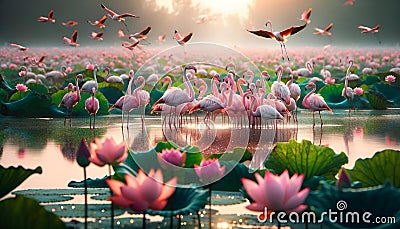 many pink flamingos and pink waterlilies are scattered around the pond Cartoon Illustration