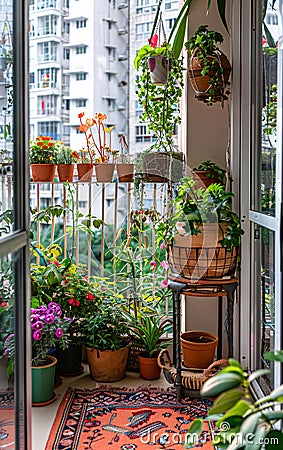 Many plants and flowers on the balcony of an urban city house, Balcony gardening concept Stock Photo