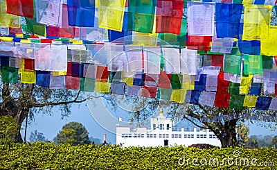 Many prayer flags in the wind against the Holy Maya Devi Temple in Lumbini, Nepal Stock Photo
