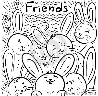 Many rabbits - doodle decor illustration - friends Vector Illustration