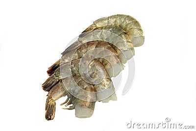 Many Raw King Shrimps Laying In Row Isolated On White Stock Photo