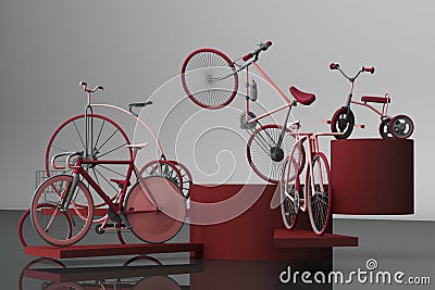 Many of red bicycle on platform with grey background Stock Photo