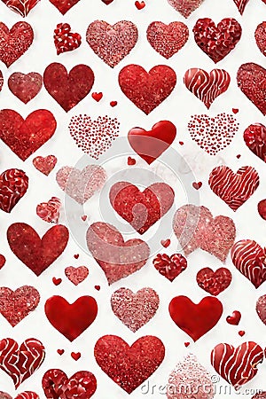 Many red hearts on a white background, rich pattern. Beautiful festive background. Valentine's Day Stock Photo