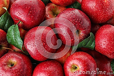 Many ripe juicy red apples covered with water drops Stock Photo