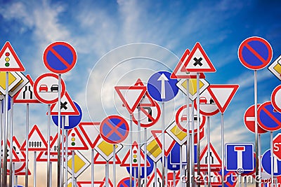 Many road signs against blue sky. 3D rendered illustration Cartoon Illustration