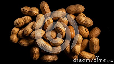 Many roasted peanuts on dark background. Food Backdrop. Generative AI Stock Photo