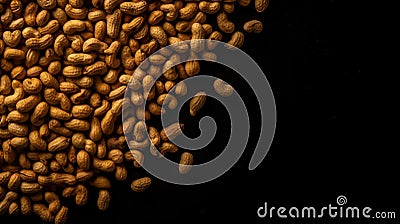 Many roasted peanuts on dark background. Food Backdrop. Generative AI Stock Photo