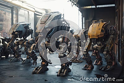 Many robots are walking down the street. AI generative Stock Photo