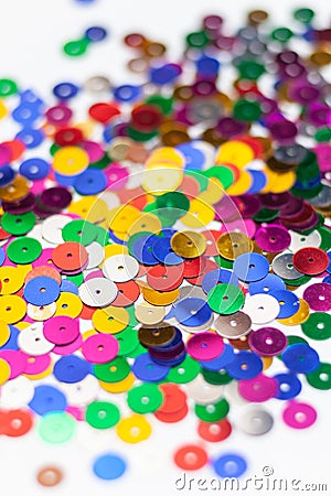 many round confetti on white surface Stock Photo