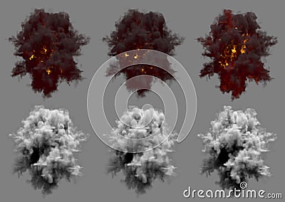 Many round explosions of ack-ack shell hit or view from top on bang or rocket interception blast isolated on grey - 3D Cartoon Illustration