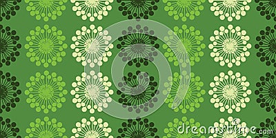 Many Rows of Colorful Large Flowers Pattern, Colored in Various Shades of Green - Retro Style Texture, Background, Design Element Vector Illustration