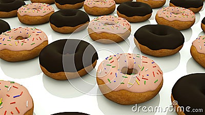 Many rows of glazed sweet donuts are of surface, modern sweet background, 3d render, computer generated Stock Photo