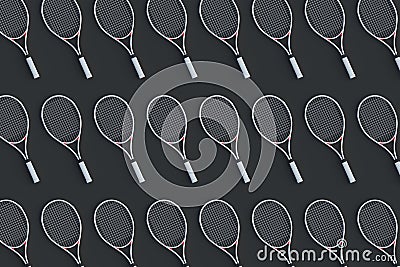 Many rows of tennis racquets. Sports equipments Stock Photo