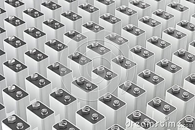 Many rows with 9V batteries Stock Photo