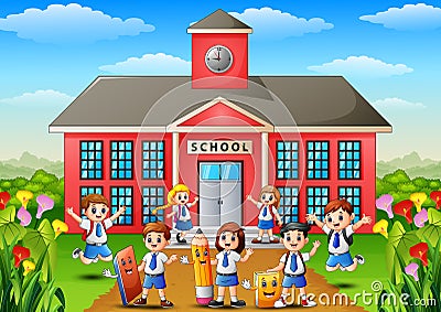 Many school children in front of school building Vector Illustration