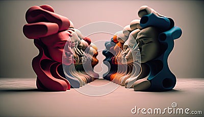 Many sculptures of colorful faces with plasticine in two rows built behind each other. Generative ai Stock Photo