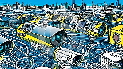 Many security CCTV cameras in the city Cartoon Illustration