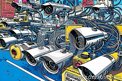 Many security CCTV cameras in the city street Cartoon Illustration