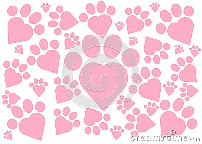 Many several rose pink centre heart shaped outlines of pets paws of different sizes white backdrop Cartoon Illustration