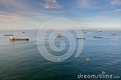 Many ships in Leamchabang harbor. Aerial view Stock Photo