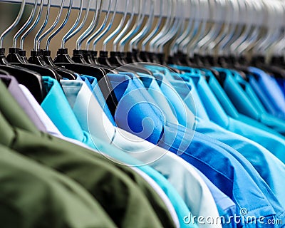 Many shirts hanging in color Stock Photo