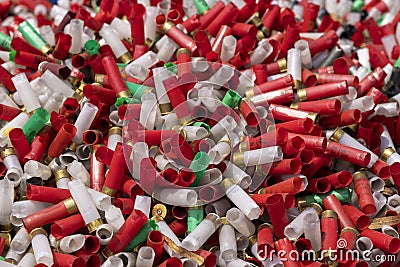 Many shotgun shells of various colors with empty fired cartridges , Can be used as a texture background Stock Photo