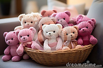 Many small pink crocheted toy bears in the basket. Kids and eco friendly sustainable toys, Joyful little treasures. a Stock Photo